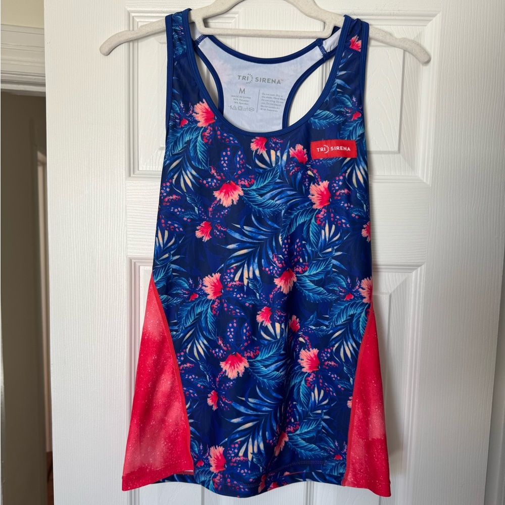 3 for $10 Tri Sirena Cycling Tank Top Running Shirt Tropical Floral Blue medium
